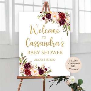 Welcome Sign Template Welcome Baby Shower Sign Baby Shower Decor Editable Welcome Signs For Baby Shower Instant Download Burgundy Marsala