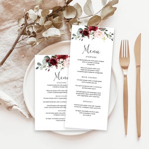 Plantilla de menú de boda imprimible, tarjeta de menú de cena de flores rojas, descarga instantánea, Templett, SRF