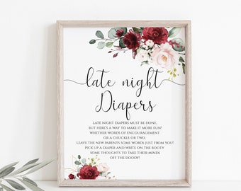 Floral Late Night Diapers Sign: Baby Shower Game (Digital Download, SRF)
