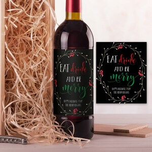 Kerstwijnetiket: Eat Drink & Be Merry, bewerkbare sjabloon (directe download)