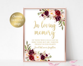 Memorial Table Sign: Burgundy Roses, Faux Gold (Digital Download Marsala)