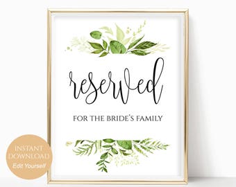 Reserved Printable Reserved Wedding Sign Reserved Table Sign Wedding Printable Wedding Template PDF Instant Download 8x10, 5x7, 4x6 Greenery