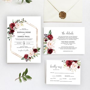 Wedding Invitation Template, Red Floral, Instant Download, Printable ...