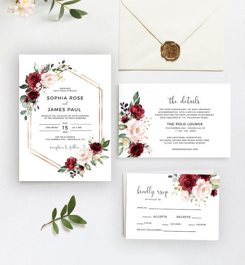 Wedding Invitation Template, Red Floral, Instant Download, Printable Invite, Edit with Templett, SRF image 4