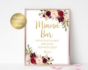 Printable Mimosa Bar Sign Wedding Sign Bridal Shower Sign Bubbly Bar Table Sign Instant Download 4x6, 5x7, 8x10 Marsala Wedding Bar Sign DIY