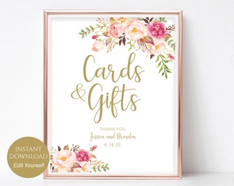 Personalized Cards and Gifts Sign Wedding Poster Gift Table Sign Template Wedding Sign PDF Instant Download DIY 8x10, 5x7, 4x6 Pastel Blooms