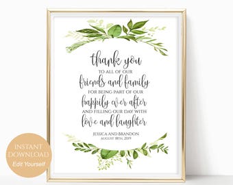 Personalized Thank You Sign Wedding Thank You Notes Printable Thank You Place Setting Table Decor Instant Download 8x10, 5x7, 4x6 Greenery