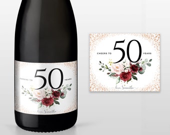 Champagne Label Printable Red Floral Birthday Labels, 50th Birthday, 40th, 21st - Any Age, Instant Download, 100% Editable, SRF