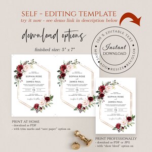 Wedding Invitation Template, Red Floral, Instant Download, Printable Invite, Edit with Templett, SRF image 7