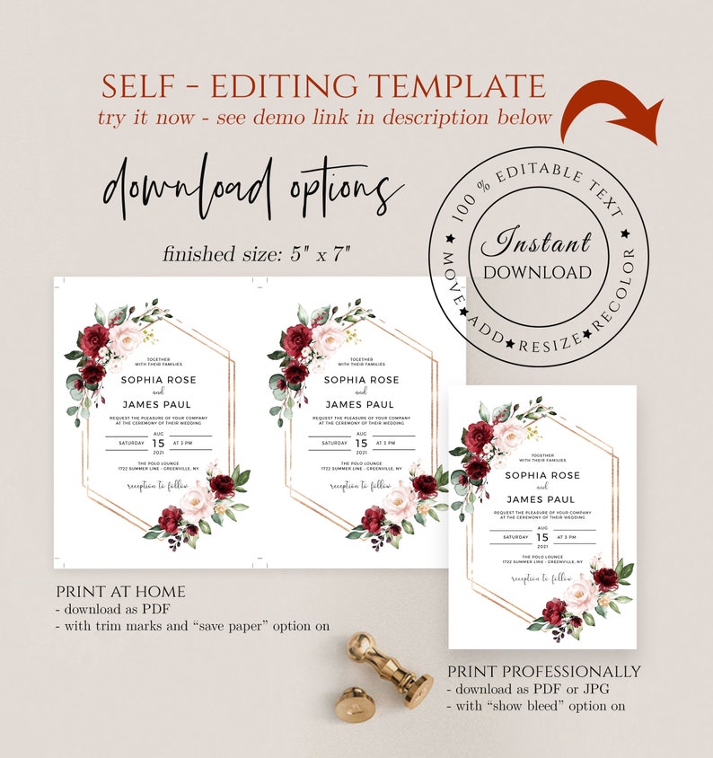 Wedding Invitation Template, Red Floral, Instant Download, Printable Invite, Edit with Templett, SRF image 7