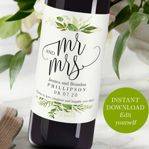 Etiquetas imprimibles para botellas de vino de boda Etiqueta de vino personalizada para vino editable Etiquetas adhesivas imprimibles Etiquetas de vino personalizadas Sr. y Sra. Greenery