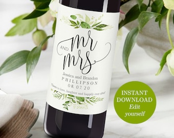 Printable Wedding Wine Bottle Labels Editable Wine Personalized Wine Label Printable Sticker Labels Custom Wine Labels Mr and Mrs Greenery