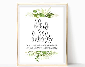 Blow Bubbles Wedding Send Off Sign: Greenery Decor (Digital Download)
