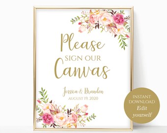 Printable Please Sign Template Please Sign Our Canvas, Guestbook, Globe, Guest Board, Heart, Photo Frame PDF 8x10, 5x7, 4x6 Pastel Blooms