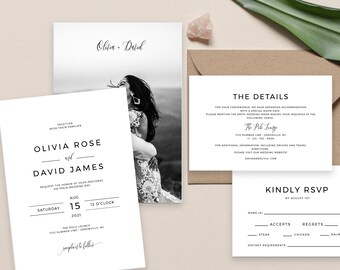 Wedding Invitation, RSVP and Details Card, Printable Minimalist Wedding Invite, Instant Download, Templett, SPC