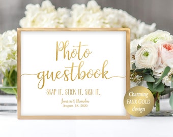 Photo Guest Book Sign, Printable Wedding Photo Guestbook Sign, Bridal Shower, Snap a Photo, Gold Modern Wedding Guestbook Sign Printable DIY