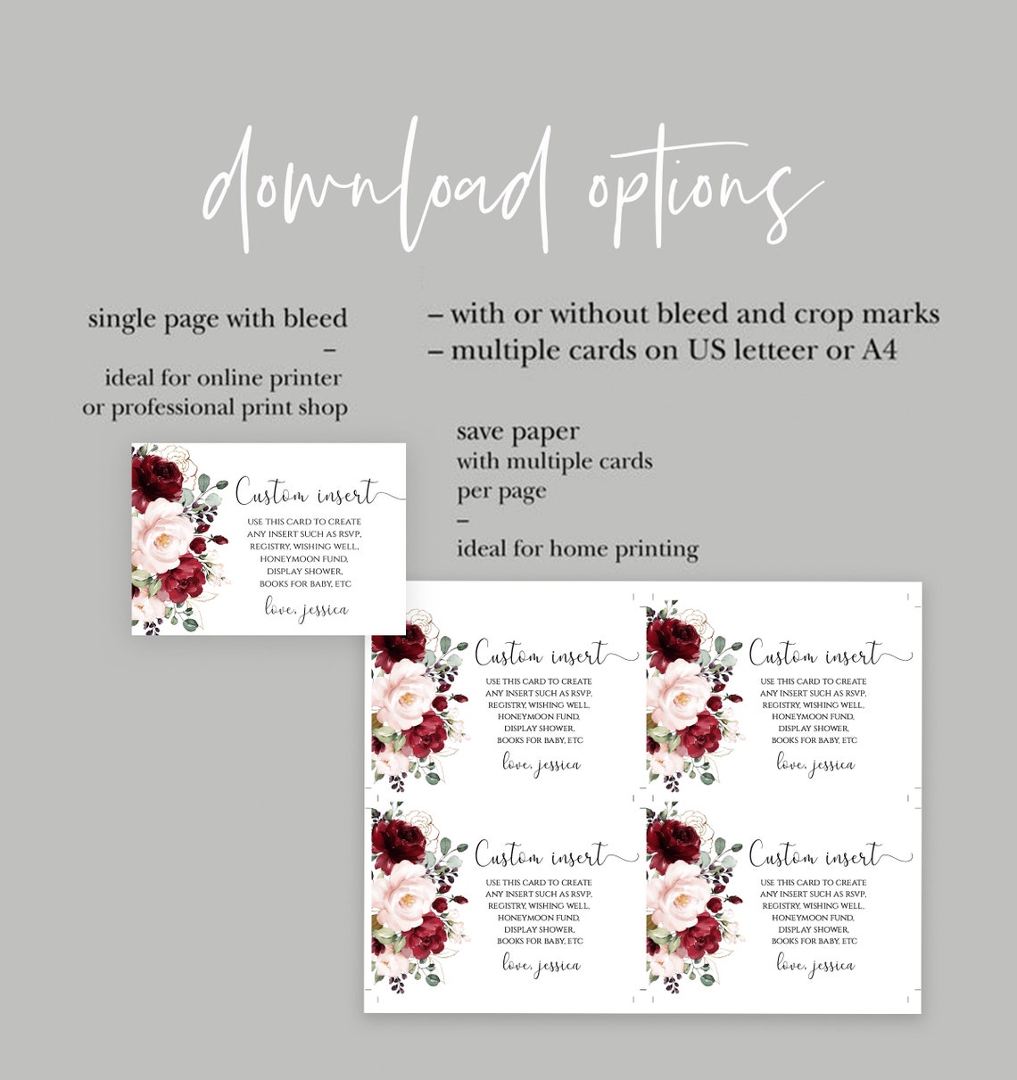 Red Floral Insert Card Template: Wedding, Shower (SRF, Instant Download ...