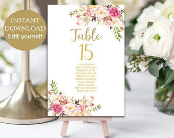 Wedding Seating Chart Template Wedding Seating Chart Cards Printable Table Numbers Floral Table Cards PDF Instant Download DIY Pastel Blooms