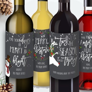 Printable Christmas Gift Set of 4 Christmas Wine Labels Template Personalized Christmas Wine Labels Editable Christmas Card Alternative