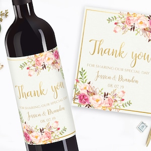 Personalized Thank You Wine Label: Floral Wedding Favor (Printable DIY, Pastel Blooms)