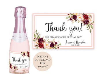 Mini Champagne Label Thank You Wine Labels Bridesmaids Thank You Wedding Wine Labels Printable Wine Labels Bridal Shower Labels Thank You
