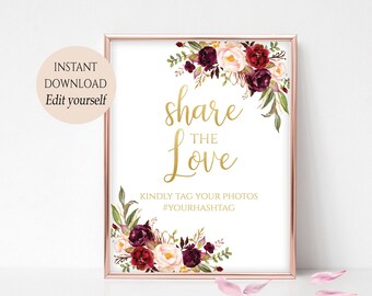 Share The Love Sign: Burgundy Floral Hashtag Printable (Digital Download Marsala)