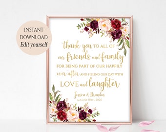 Personalized Thank You Sign Wedding Thank You Poster Instant Download PDF 4x6, 5x7, 8x10 Burgundy Marsala Wedding Printable Reception Sign