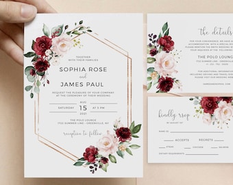 Wedding Invitation Template, Red Floral, Instant Download, Printable Invite, Edit with Templett, SRF