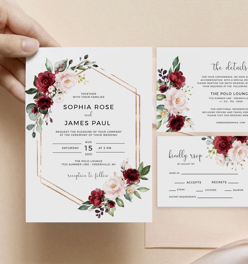 Wedding Invitation Template, Red Floral, Instant Download, Printable Invite, Edit with Templett, SRF image 1