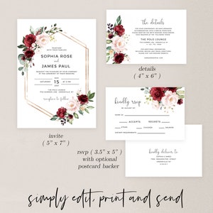 Wedding Invitation Template, Red Floral, Instant Download, Printable Invite, Edit with Templett, SRF image 2