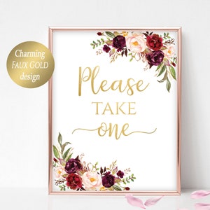 Burgundy Rose Wedding Favor Sign: Faux Gold Calligraphy (Digital Download Marsala)