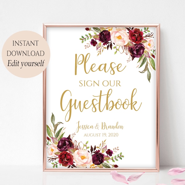 Printable Please Sign Template Please Sign Our Canvas, Guestbook, Globe, Guest Board, Heart, Photo Frame PDF 4x6, 5x7, 8x10 Marsala Burgundy