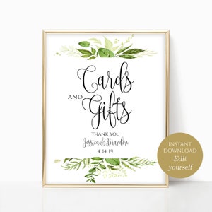 Personalized Cards and Gifts Sign Wedding Poster Gift Table Sign Template Wedding Sign PDF Instant Download 8x10, 5x7, 4x6 Greenery Party