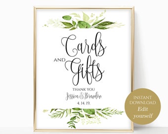 Personalized Cards and Gifts Sign Wedding Poster Gift Table Sign Template Wedding Sign PDF Instant Download 8x10, 5x7, 4x6 Greenery Party