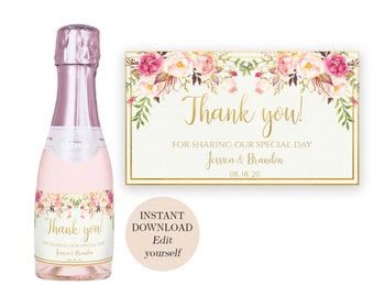 Mini Champagne Label Thank You Wine Bottle Labels Personalized Thank You Wine Labels Bridal Shower Thank You Wine Labels Hostess Thank You