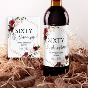 Wine Label Birthday Wine Labels, Wine Bottle Label Template, Instant Download, Any Age, Sixty & Stunning, 50th Birthday 40th, SRF