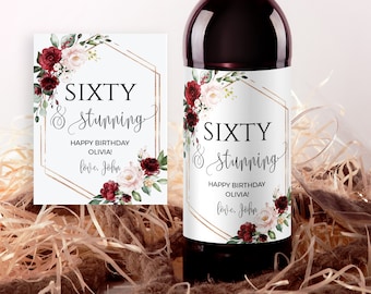 Wine Label Birthday Wine Labels, Wine Bottle Label Template, Instant Download, Any Age, Sixty & Stunning, 50th Birthday 40th, SRF