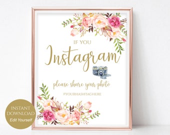 If You Instagram Printable Hashtag Sign, Editable Instagram Sign, Instant Download, 8x10, 5x7, 4x6 Pastel Blooms