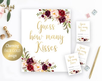 Printable Guess How Many Kisses Burgundy How Many Kisses Game How Many Kisses in the Jar Bridal Shower Games Printable Bridal Shower Cards