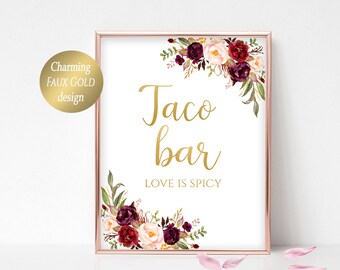 Taco Bar Sign: Burgundy Floral Wedding Decor (Digital Download Marsala)