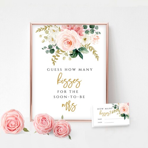 Inkdotpot 'How Many Kisses' Bridal Shower Game - Floral White Sign & 30 Cards, 5x7 Inch