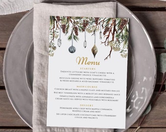 Holiday Menu Card Printable Pine Wedding Menu, Christmas Dinner Menu, 100% Editable, Instant Download