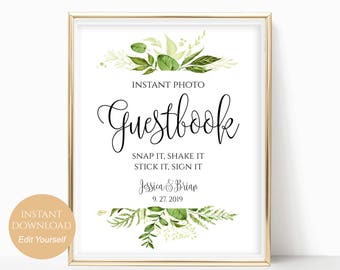 Personalized Guestbook Sign Editable Instant Photo Guest book Snap It Shake It Stick It Sign It DIY Instant Download 8x10, 5x7, 4x6 Greenery