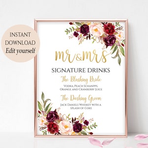 Burgundy Floral Signature Drinks Sign: Editable Bar Menu (Marsala)