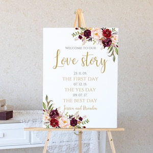 Our Love Story Sign, Special Dates Sign, Anniversary Reception Sign, Burgundy Marsala