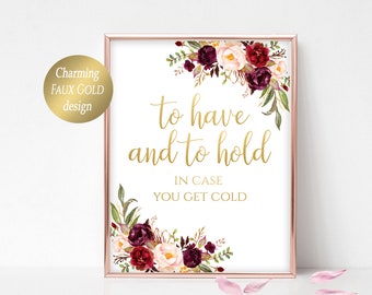Winter Wedding Blanket Sign: Burgundy Floral, Faux Gold (Digital Download Marsala)