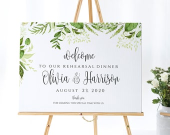 Rehearsal Dinner Welcome Sign Rehearsal Dinner Sign Large Welcome Board Welcome Template Fully Editable Greenery Green Leaves Watercolor