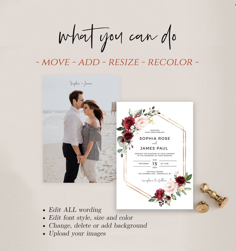 Wedding Invitation Template, Red Floral, Instant Download, Printable Invite, Edit with Templett, SRF image 5