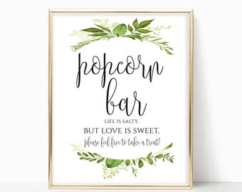Popcorn Bar Sign: Greenery Wedding Decor (Digital Download)