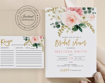 Blush Floral Bridal Shower Invitation & Recipe Card Template (Instant Download, SPB)